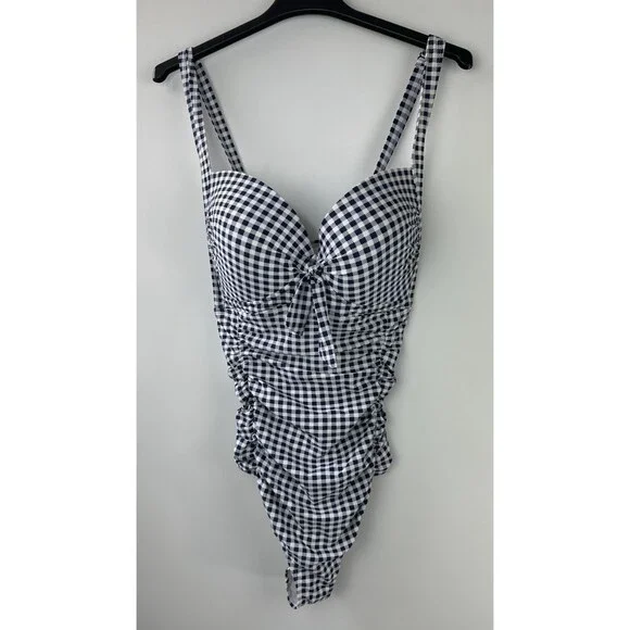 Torrid Navy Gingham Tie Front Wireless Ruched One-Piece Swimsuit Plus Size 4 4X - Picture 2 of 16